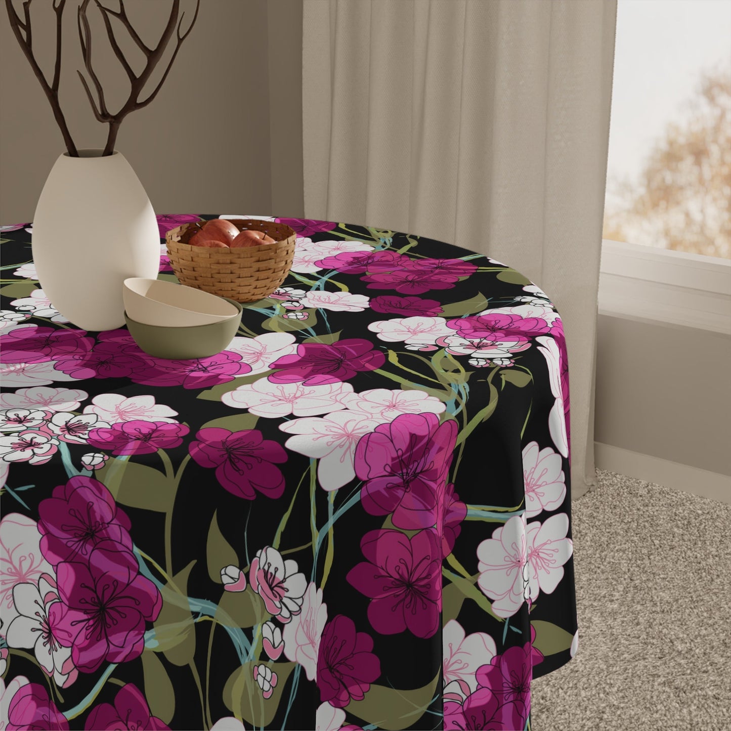 Decorative Tablecloth with Midnight Cherry Blossom Design, Durable Polyester (55.1" x 55.1")