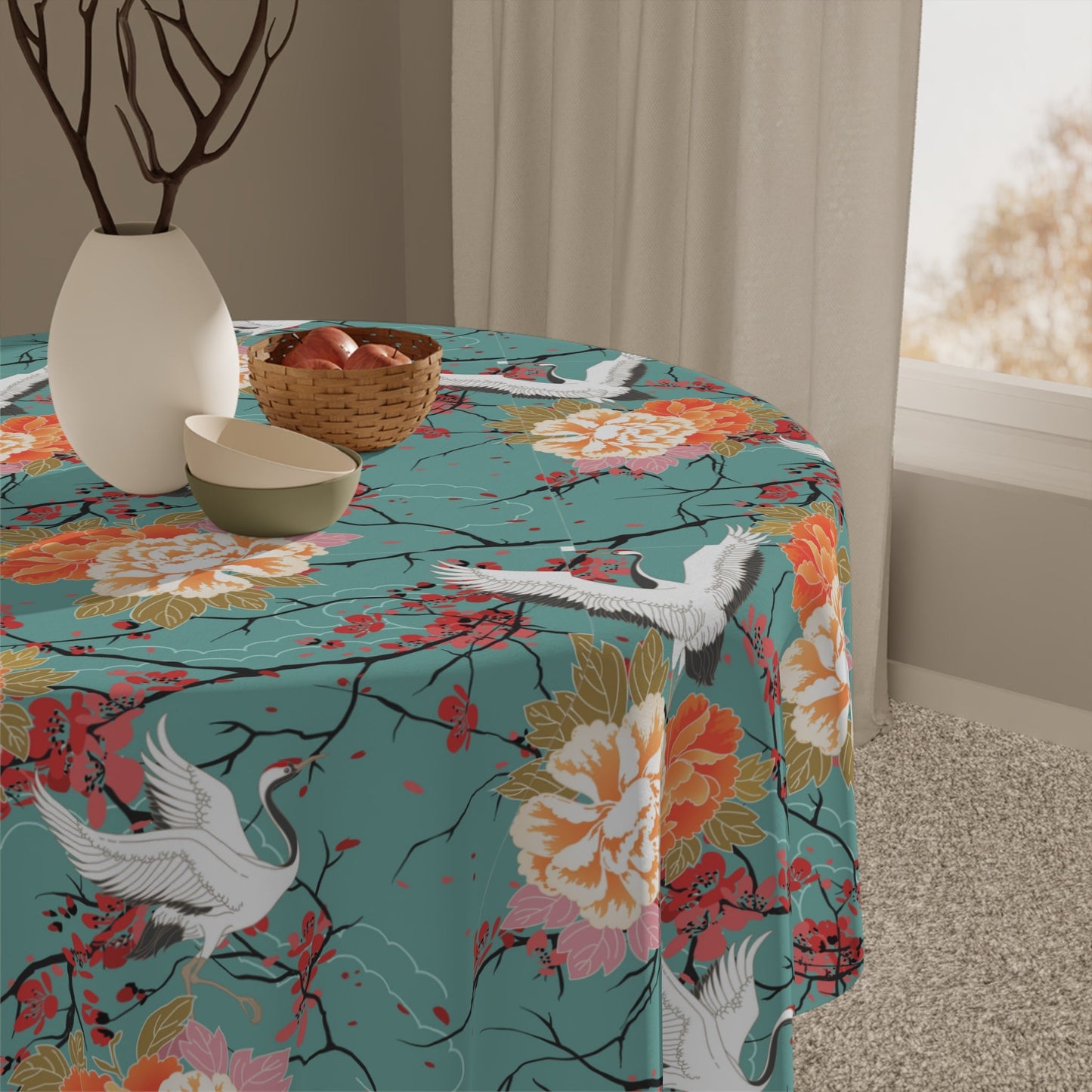 Decorative Tablecloth with Cherry and Crane Design, Durable Polyester (55.1" x 55.1")