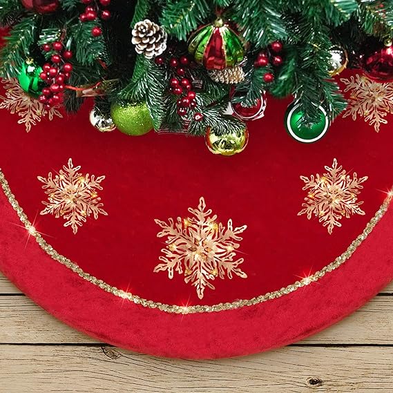 DAVID ROCCO Big Christmas Tree Skirt: 50 Luxury Red Gold with Glistening Snowflake