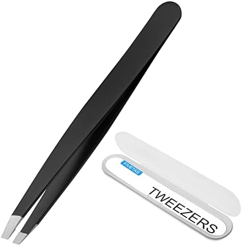 FIVETAS Stainless Steel Tweezers for Eyebrows-Slant Tweezer with Case for Women&Man,Great Precision on Brow,Facial Hair and Ingrown Hair Removal(Black)