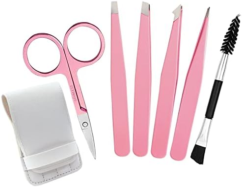 Tirdkid Tweezers for Women, 6 piece Pink Tweezers for Women Facial Hair, Precision Tweezers for Eyebrows, Hair Removal, Facial Hair, Ingrown Hair, Tweezers for Men (Leather Pink 6)