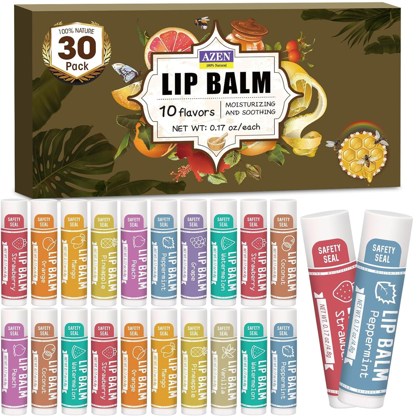 AZEN 30 Pack Lip Balm, Natural Lip Balm Bulk, Lip Care Product, Moisturizing Lip Balm for dry cracked lips