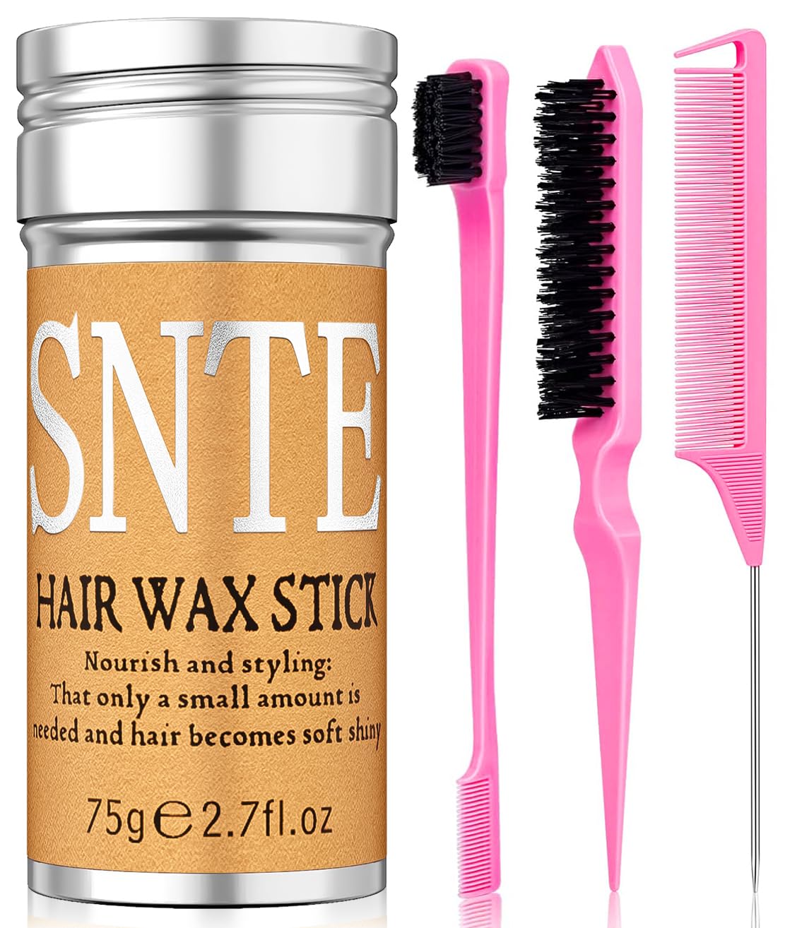 Hair Wax Stick, Slick Back Hair Brush Set 4Pcs, Wax Stick for Hair, Bristle Brush for Flyaways, Teasing Brush for Hair Styling, Edge Brush for Tame Frizz for Baby Hair, Rat Tail Combs for Parting