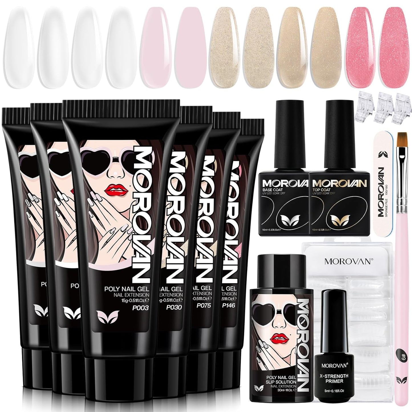 Morovan Poly Gel Nail Kit Starter: 6 Colors Poly Nail Gel Kit Pink White Glitter Poly Gel Nail Colors All In One Poly Gel Extension Nail Kit for Beginner Builder Gel DIY at Home