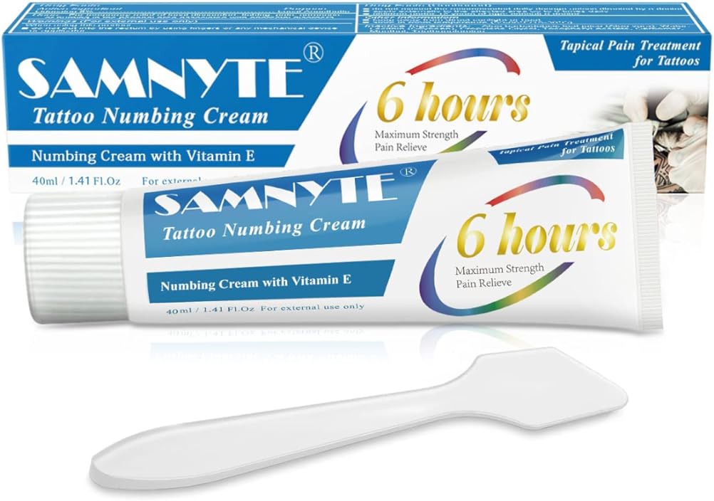 Samnyte Painless Tattoo Cream, Lasts 6-8 Hours Lidocaine Cream Maximum Strength, Best Tattoo Cream, Multi-purpose Topical Cream for Piercing, Waxing, Microneedling - 1.41Oz