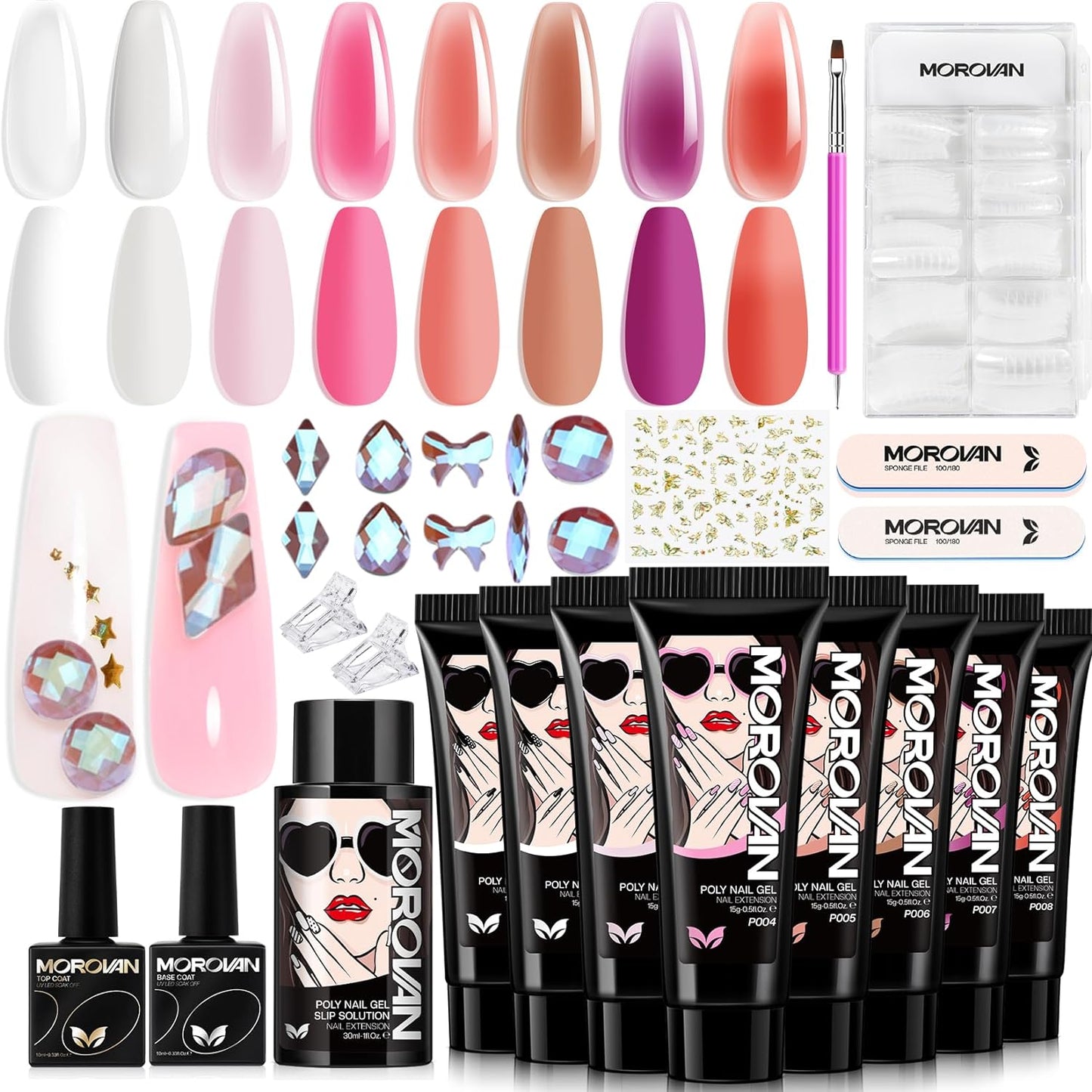 Morovan Poly Gel Nail Color: Poly Gel Nail Kit 8PC Poly Nail Gel Kit For Nail - With Rhinestones Base Top Coat Gel Extension Kit Professional Poly Gel Nail Art Tools Salon Quality