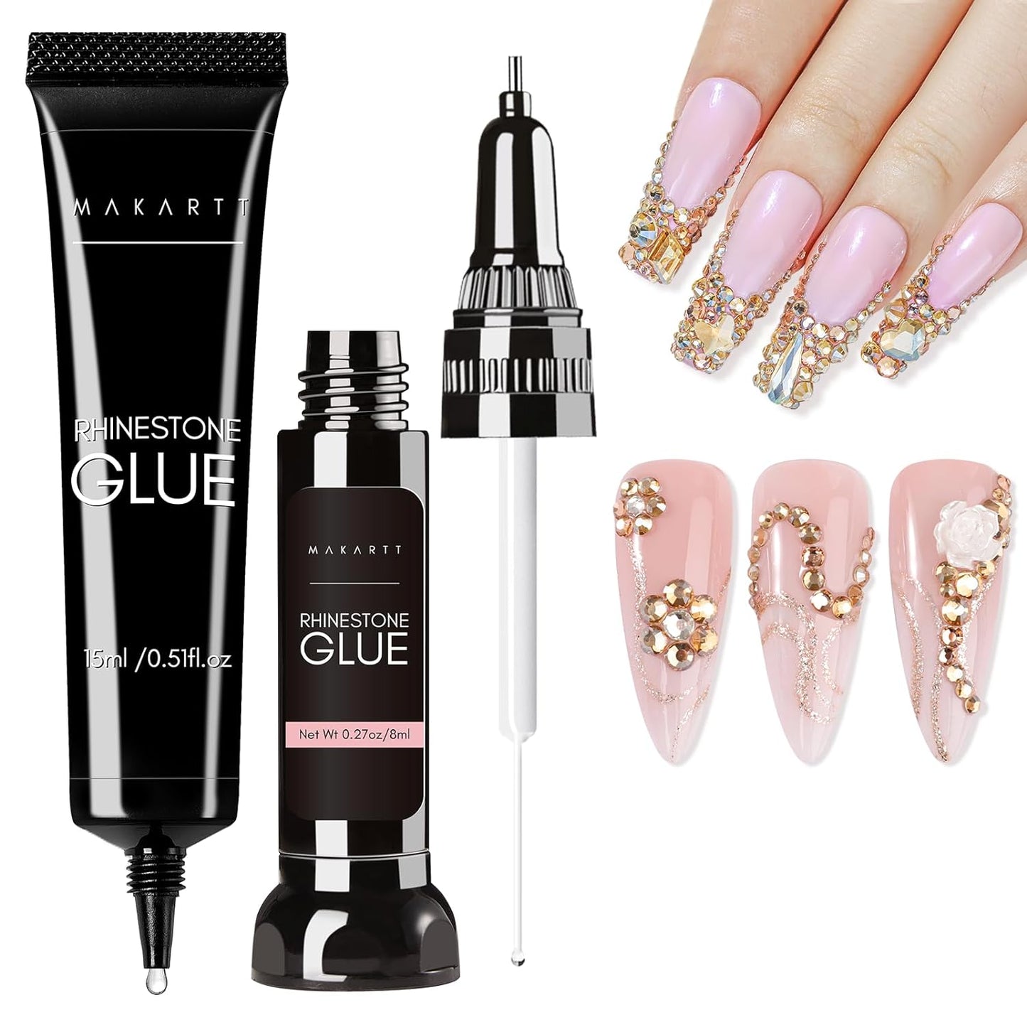 Makartt Nail Rhinestone Glue Set, Gel Nail Glue for Rhinestones for 3D Design Super Strong Adhesive Nail Gem Glue for Halloween Decoration Nail Art Jewel Crystal Beads Diamonds 15ml&8ml Cured Need