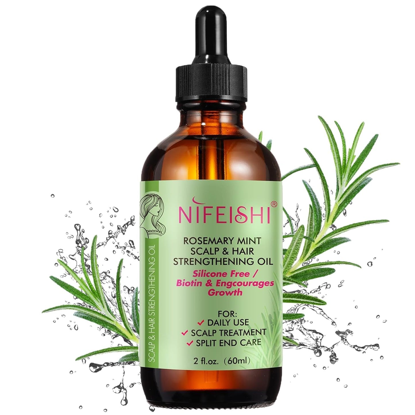 Hair Growth Oil (2.02Oz), Rosemary Oil for Hair Growth Organic, Rosemary Mint Scalp & Hair Strengthening Oil with Biotin & Essential Oils, Cold Pressed Oil For Hair Growth, Damaged Hair & Dry Skin