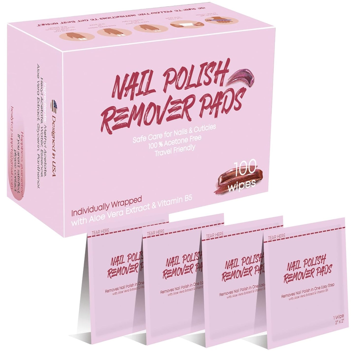 Nail Polish Remover Pads Individually Wrapped 100 Pack - Acetone Free Nail Polish Remover Wipes with Aloe and Panthenol - Non Toxic Gel Fingernail Polish Removal