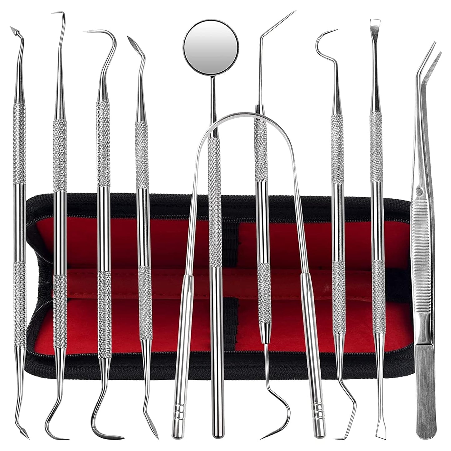 Dental Tools, 10 Pack Stainless Steel Plaque Remover Teeth Cleaning Tools Set, Oral Care Hygiene Kit with Meta Plaque Cleaner, Tartar Picks, Tooth, Tongue Scraper for Dentist, Personal, Family