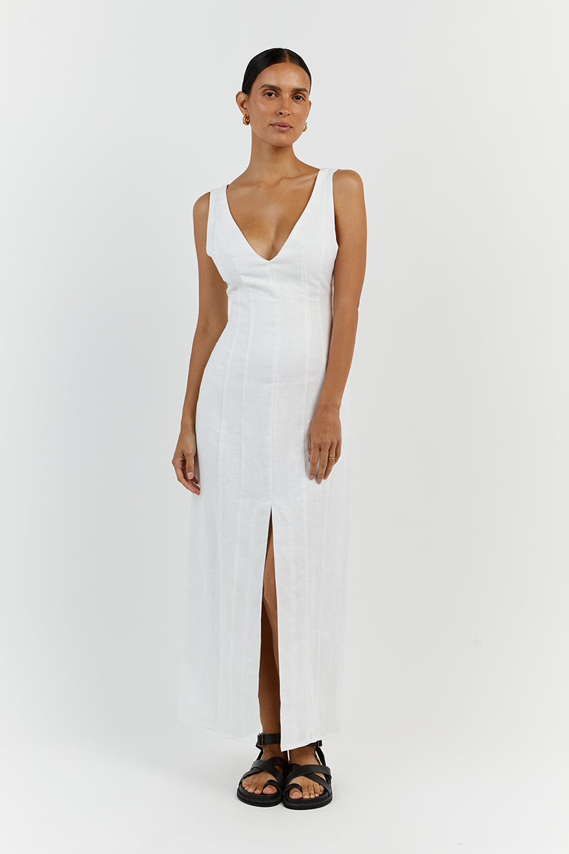 MILAHN WHITE LINEN V NECK DRESS Clothing DISSH Boutiques 14 WHITE