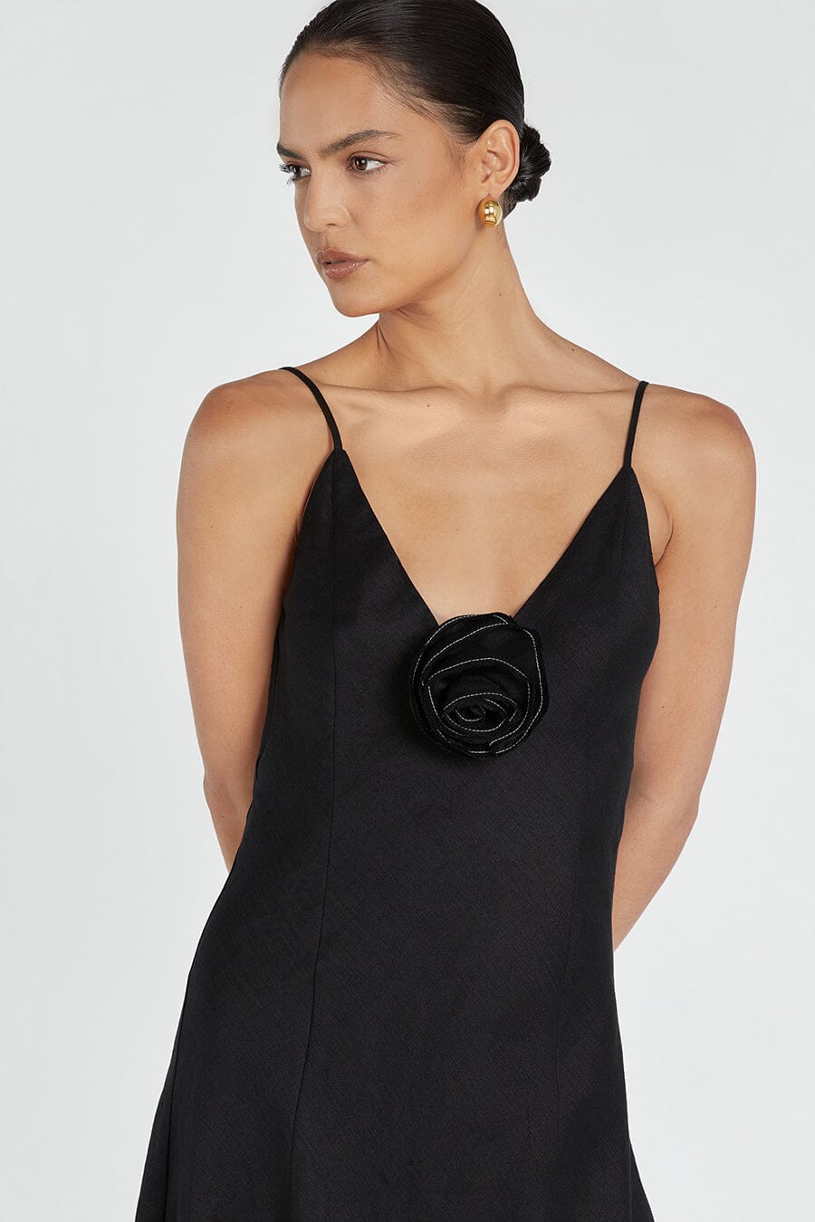 ROSETTE BLACK LINEN MAXI DRESS