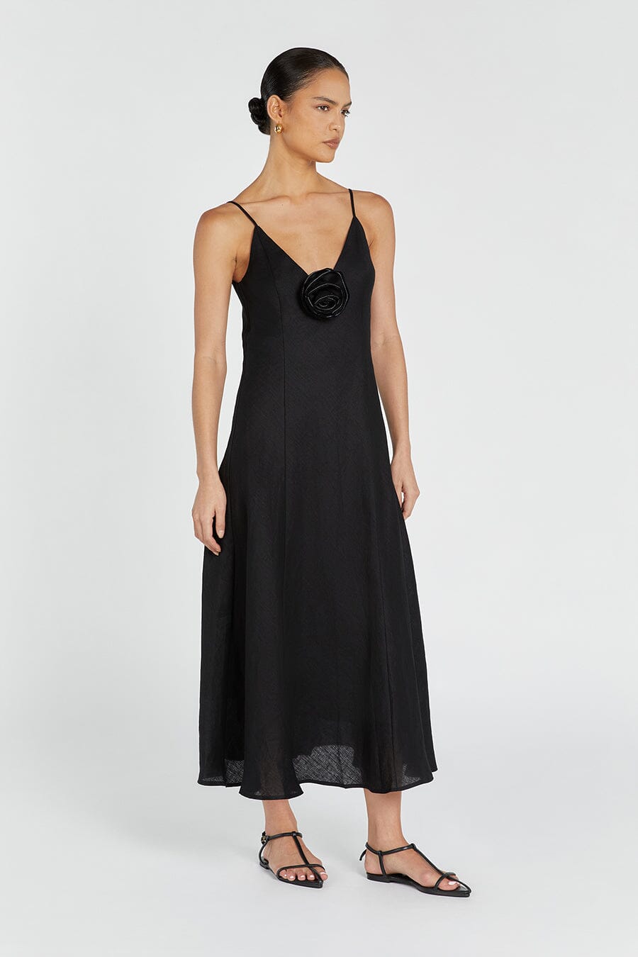 ROSETTE BLACK LINEN MAXI DRESS