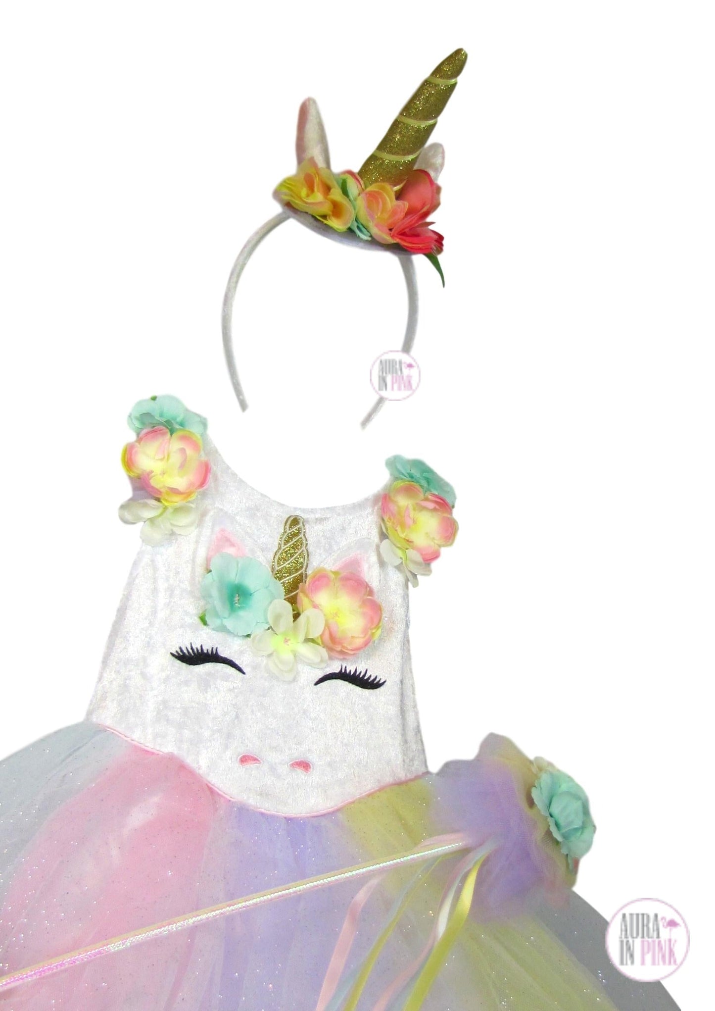 Gillian's Closet Pastel Rainbow Unicorn Dress w/Accessories