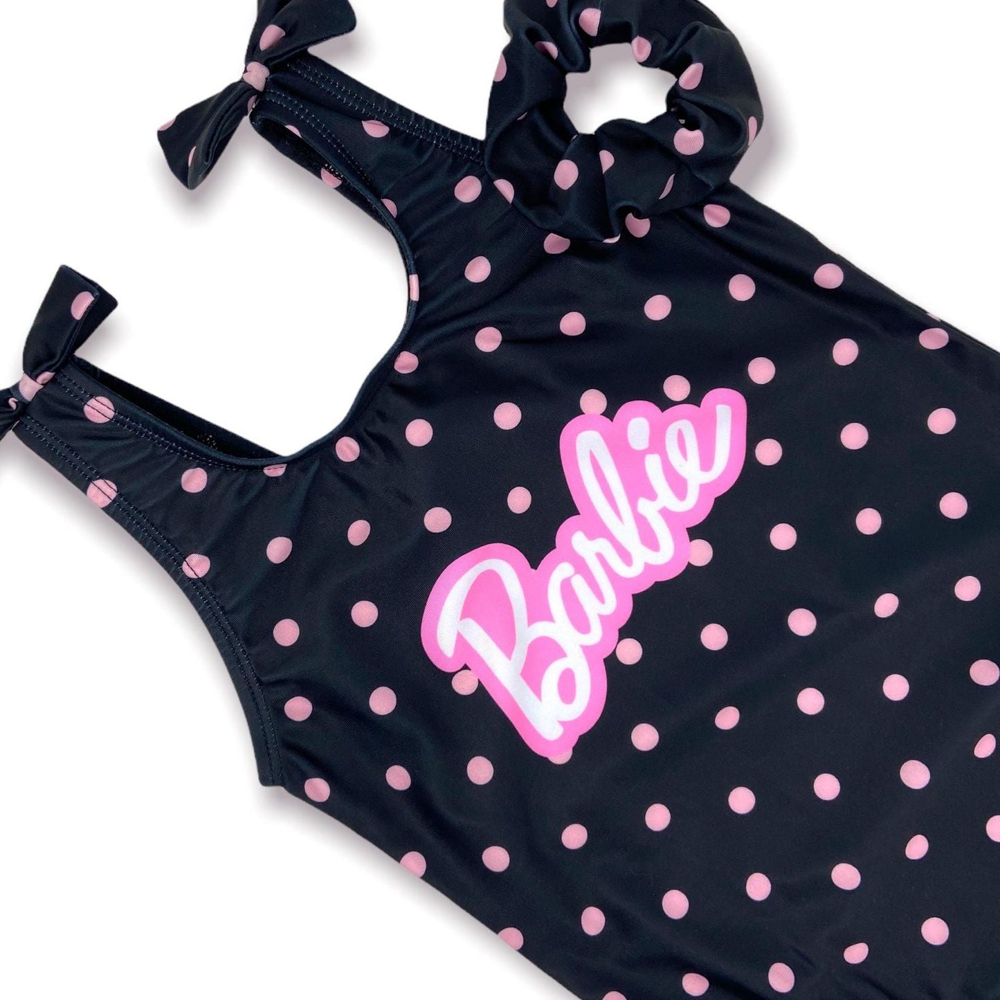 Mattel Barbie Black w/Pink Polka Dots Shoulder Bow Ties Girls' Bathing Suit w/Matching Hair Scrunchie