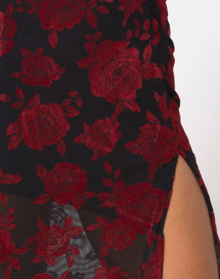 Saika Midi Skirt in Romantic Red Rose Flock
