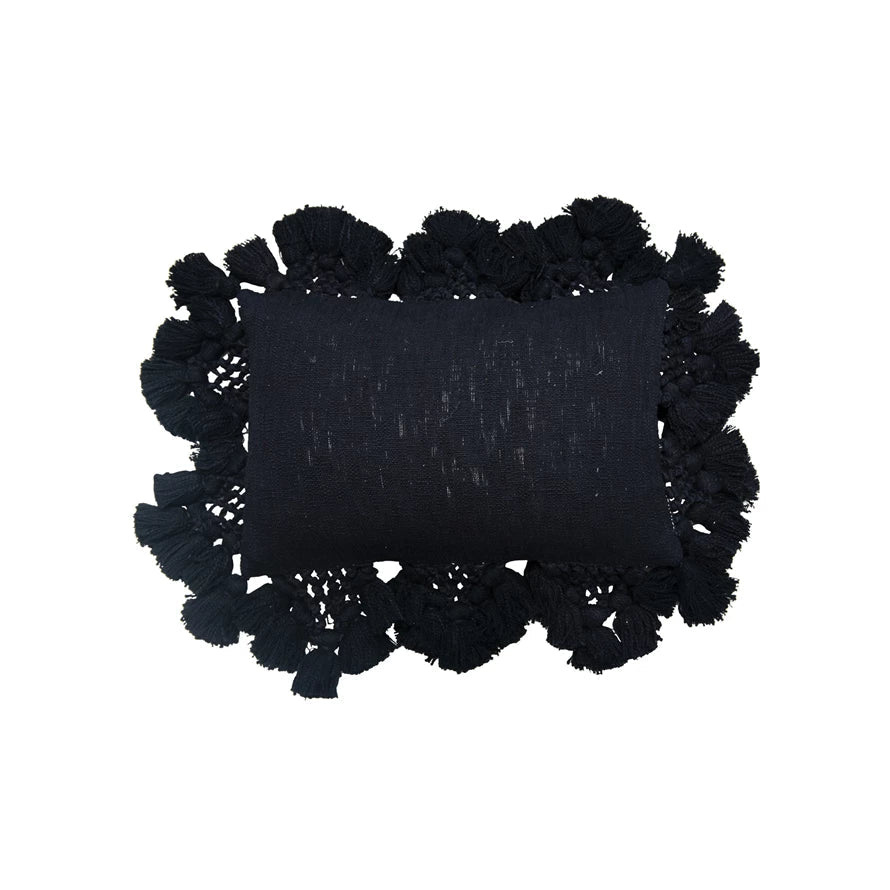 Cotton Slub Lumbar Pillow with Crochet & Tassels