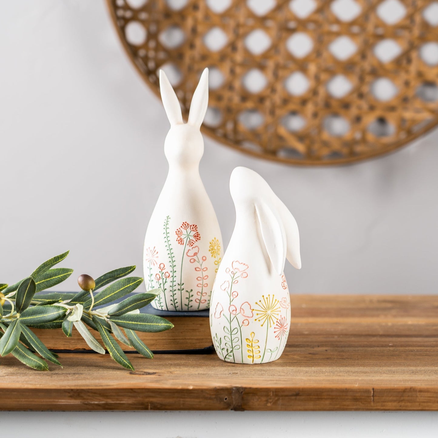 Modern Bunny Rabbit Figurine with Etched Floral Design, Set of 2
