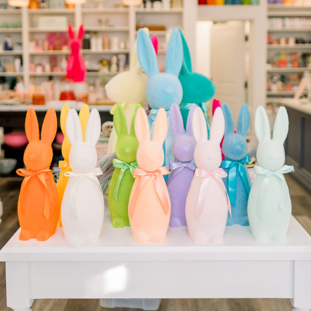 MEDIUM BRIGHT FLOCKED BUNNY DECORATION WITH BUTTON NOSE