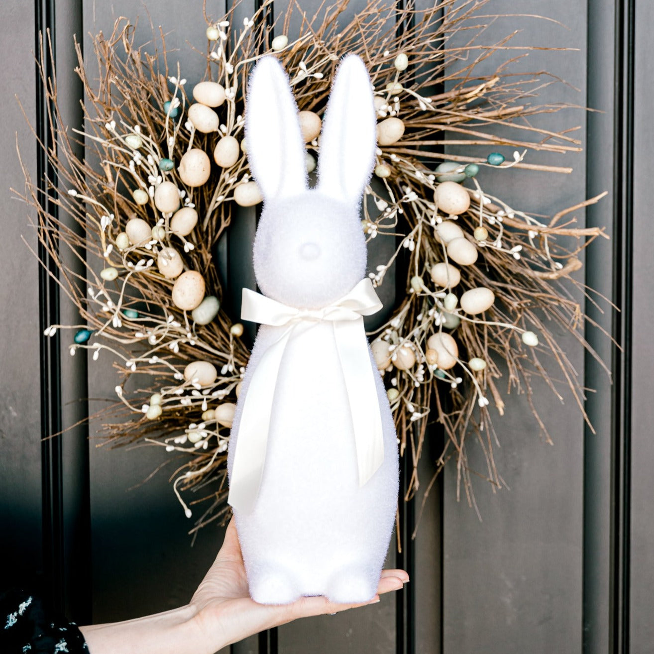 MEDIUM BRIGHT FLOCKED BUNNY DECORATION WITH BUTTON NOSE