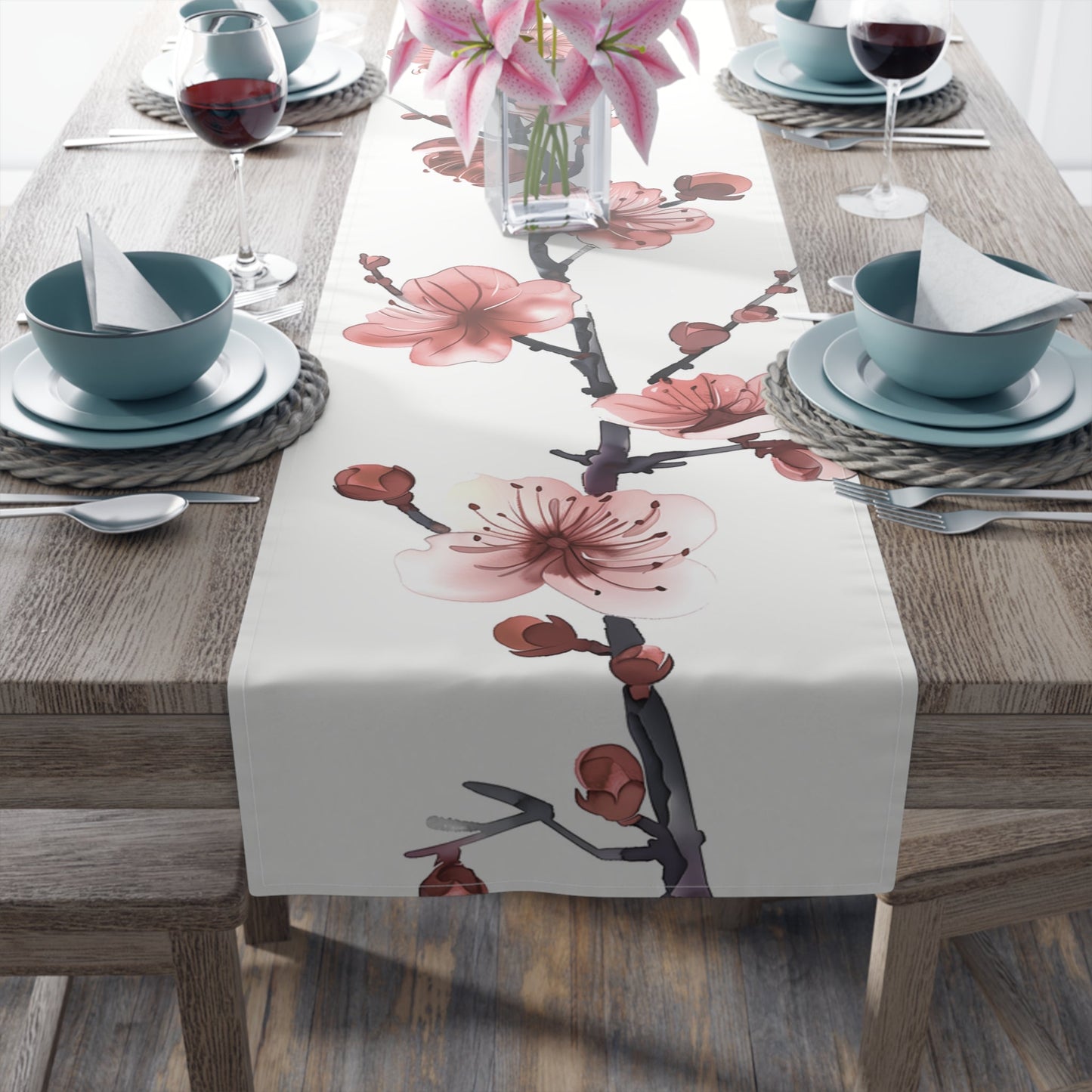 Elegant Table Runner with Pretty Plum Blossoms Design (16" × 72")