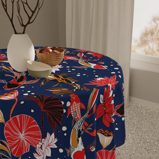 Decorative Tablecloth with Tropical Koi Fish Pond Design, Durable Polyester (55.1" x 55.1")
