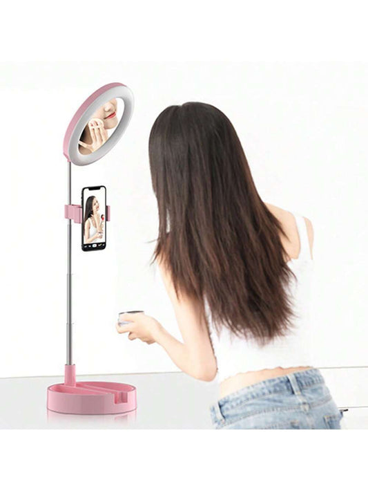 1pc Rechargeable Live Stream Stand With Light & Makeup Mirror & Ring Light, Suitable For Desktop & Mobile Phone, Also Can Be Used As A Lamp
