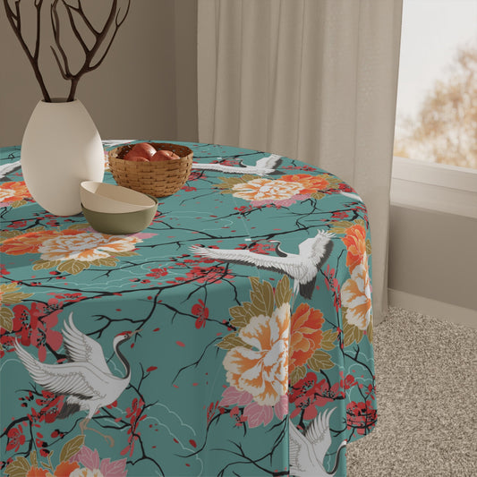 Decorative Tablecloth with Cherry and Crane Design, Durable Polyester (55.1" x 55.1")