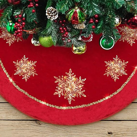 DAVID ROCCO Big Christmas Tree Skirt: 50 Luxury Red Gold with Glistening Snowflake