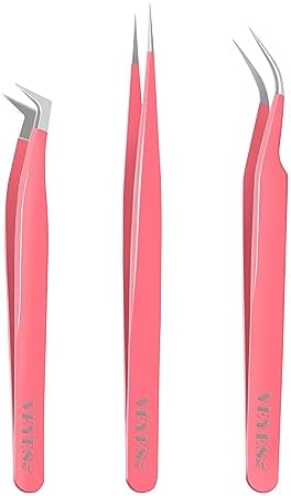 VEYES INC Lash Tweezers for Eyelash Extensions. Fiber Tip Tweezers Kit Contains Isolation,Curved and Volume Lash Tweezers (3pcs) Pink