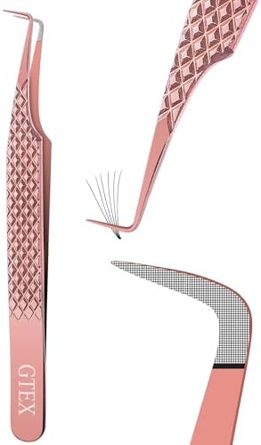 GTEX Fiber Tip Lash Tweezers For Eyelash Extension Tweezers, Japanese Steel, Professional Eyelash Tweezers For Lash Extensions - 90 Degree Lash Tweezers Rose Gold