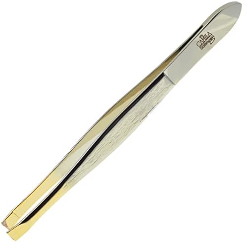 Camila Solingen CS31 3 1/2" Gold Tipped, Surgical Grade, German Stainless Steel Tweezers (Straight) - Flawless Facial Hair and Eyebrow Shaping and Removal for Men/Women