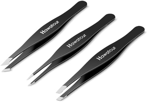 HAWATOUR Tweezers Set, 3Pcs Easy-to-hold Eyebrows Tweezers for Women & Men, Great Precision for Eyebrow, Ingrown Hair, Splinter, Facial Hair Removal, Black