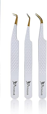 NOMSAR Eyelash Tweezers with Curved Fiber Tip, Precision lashes Tweezers, Stainless Steel Pointed Tweezers with Diamond Grip for Volume lash Extension Application & Multipurpose (White)