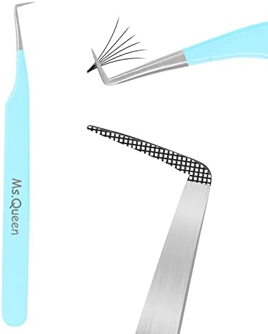 Ms.Queen Lash Tweezers for Eyelash Extensions, Precision Fiber Tip 90 Degree Tweezers for Mega Volume Lashes Extensions, Blue