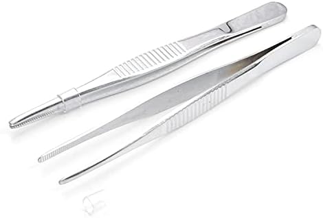 Hegebeck Stainless Steel Tweezers with Flat Round Tip, General Application Lab Forceps, Serrated Tip Straight 5 Inch Tweezers for Plants, Craft, Electrical Repair 2pcs
