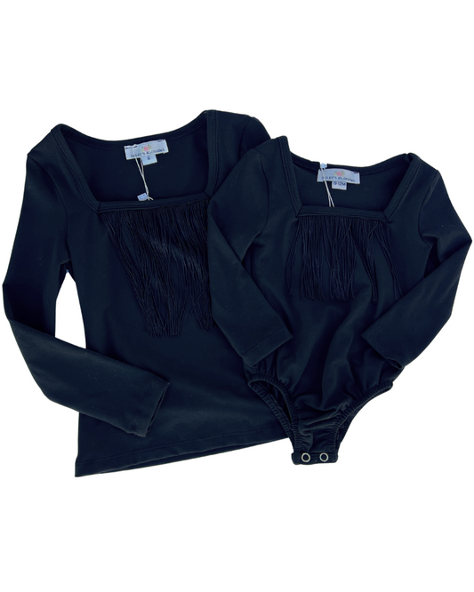 Bailey's Blossoms Maxine Fringe Long Sleeve Leotard-Black