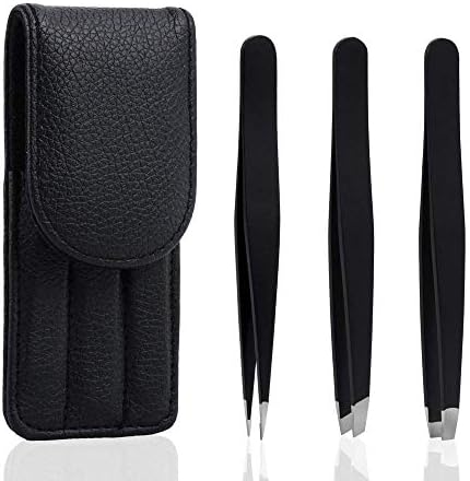 bC BimeTALliC CAble Stainless Steel Tweezers Slanted, Pointed and Flat Tip for The Removal of Facial, Ingrown Hairs, Splinters and The Treatment of Blackheads, Black