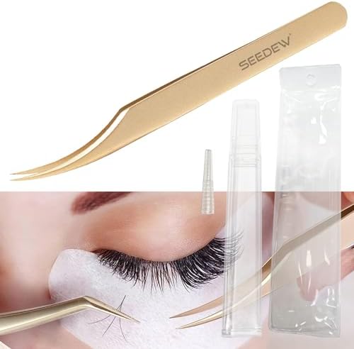 SEEDEW Tweezer Eyelash Extensions 1 PCS Stainless Steel Curved Pointy Dolphin Tweezer Isolation Professional Precision Supplies False Lash Application Tools for Lash Tech, Lash Artist Beginner(Golden)