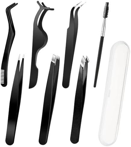 Gisafai 8 Pcs Eyelash Tweezers for Lash Extensions Tweezers Set Stainless Steel Straight and Curved Tweezers Applicator Tool with Brush Box for DIY Eyelash Extension(Black)