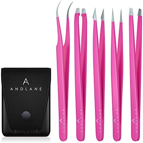 Andlane Tweezers Set - Professional Stainless Steel 5-Piece Precision Tweezer for Men & Women - Great for Facial Hair Removal, Eyebrow Shaping, Splinters & Ingrown (Pink)