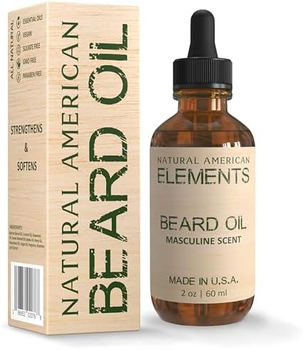 NATURAL AMERICAN ELEMENTS Beard Oil – 100% All Natural, Masculine Scent, Essential Oils, Organic Argan & Jojoba Oils – Moisturizes, Softens & Strengthens - Made in USA – Men’s Beard Conditioner, 2 oz