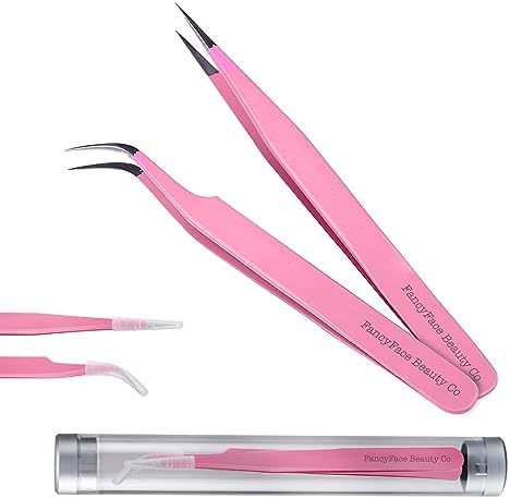 FancyFace Beauty 2 Pieces Straight and Curved Tip Tweezers Eyelash Extension Tweezers, Stainless Steel False Lash Application Tools