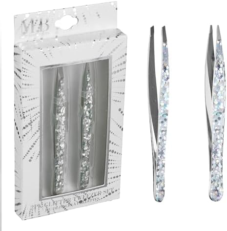 Expressions 2pc Glitter Tweezer Set in Silver - Pointed Tweezers For Fine Ingrown Hair & Slanted Tweezers For Precision Grooming | Pack of 2 Tweezers For Women, Everyday Hair Tweezers For Plucking