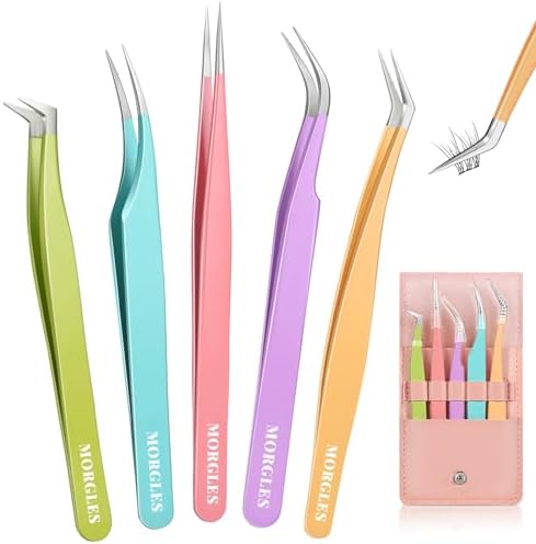 5pcs Eyelash Extension Tweezers, MORGLES Fiber Tip Lash Tweezers, Straight and Curved Eye Lash Tweezers for Extensions, Volume Lash Precision Tweezers for Girls Women Beginners