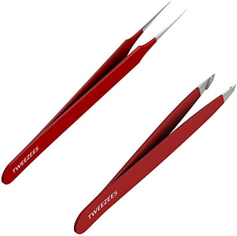 Tweezees Precision Red Stainless Steel Tweezers | Professional Slant Tip & Splinter Tip Tweezer | Extra Sharp Hair Removal Tool | For Eyebrow Shaping