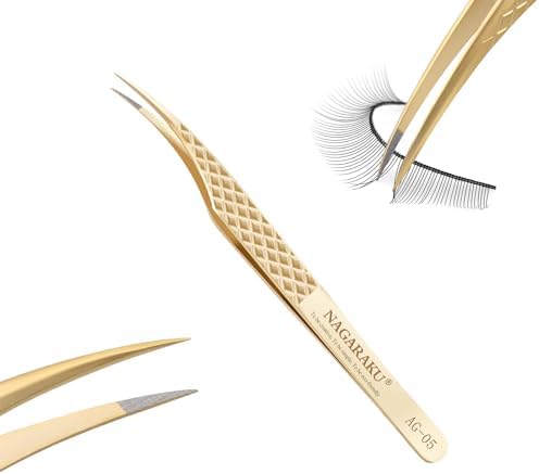 NAGARAKU Precision Fiber Tip Grip Tweezer for Eyelash Extensions Diamond Handle Anti-Static Anti-Slip Premium Gold Stainless Steel Eyelashes Curved Tweezers Supplies with Box(Dolphin Tweezer AG-05)