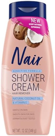 NAIR Sensitive Shower Cream Hair Remover with Natural Coconut Oil and Vitamin E, Body Hair Removal Cream for Women, 12 oz