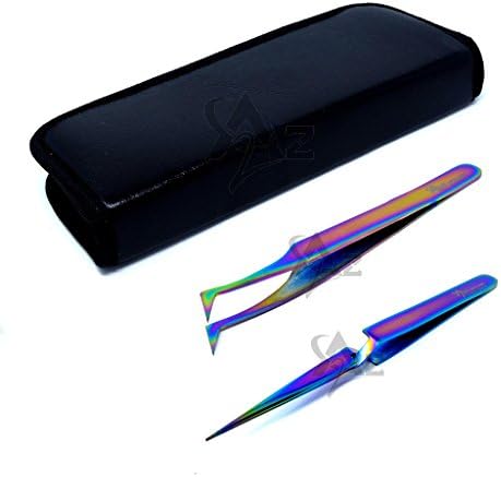 SET OF 2 Stainless Steel Multi Titanium Rainbow Color 3D Eyelash Extension Tweezers A type angled + X type Self Retracting Fine Point (A2Z)