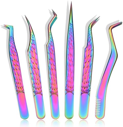 6 PCS Eyelash Tweezers Set TOROKOM Stainless Steel Eyelash Extension Tweezers Colorful Lash Tweezers Set for Eyelash Extensions